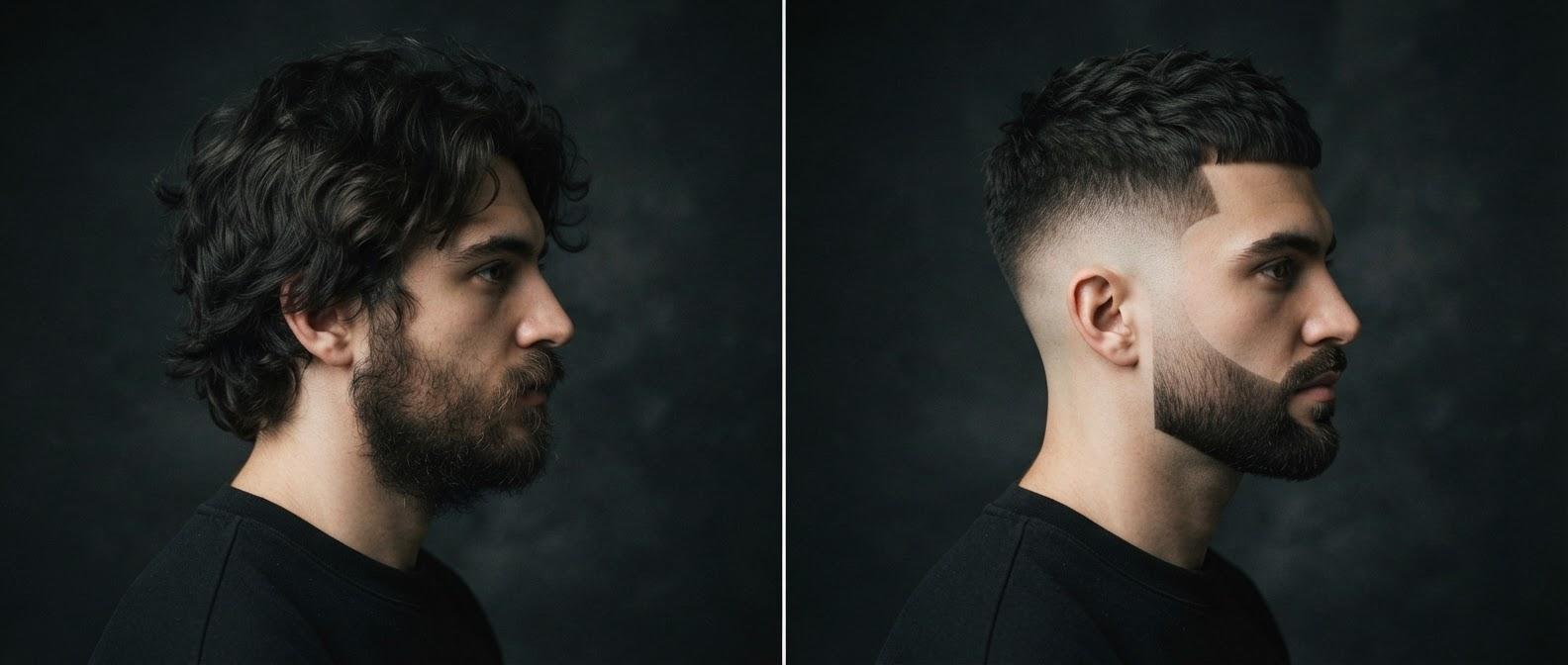 Before and after: grown-out hair and beard, then a low fade with a sculpted beard