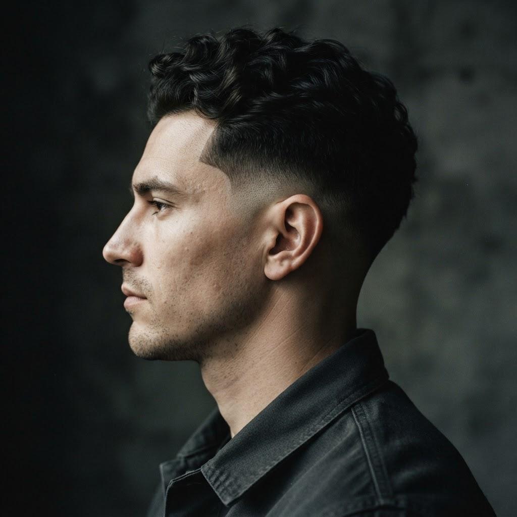 Low skin fade with a textured top, side profile