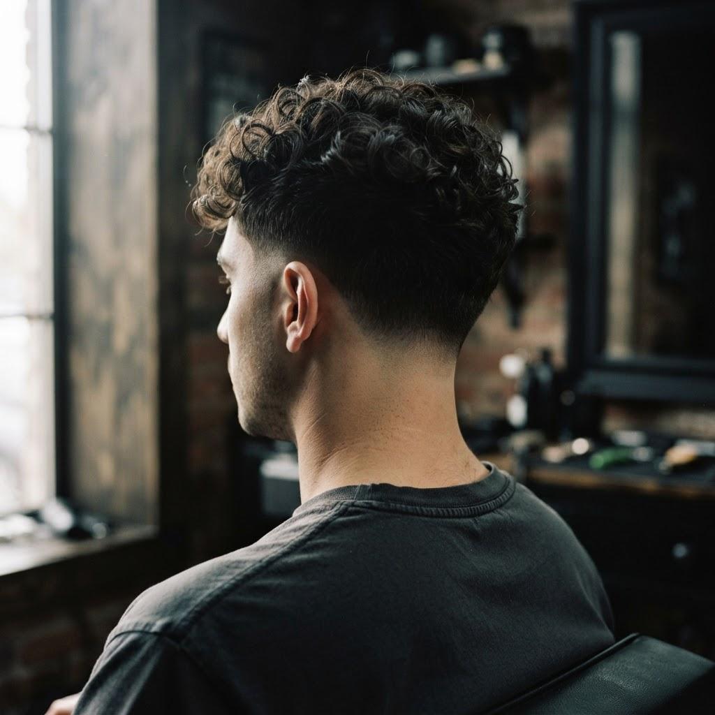 Curly taper with natural texture, from behind